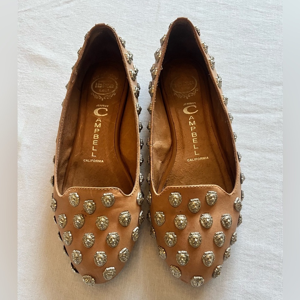 Jeffrey Campbell Tan Ballet Flats with Silver Lion Stud Accents